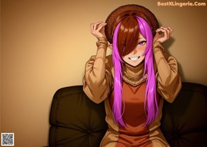 A girl with purple hair sitting on a brown couch.